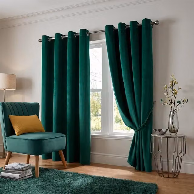 Livinluxury Green Velvet Look Blackout Eyelet Curtains, Width: 168 cm, Height: 183 cm