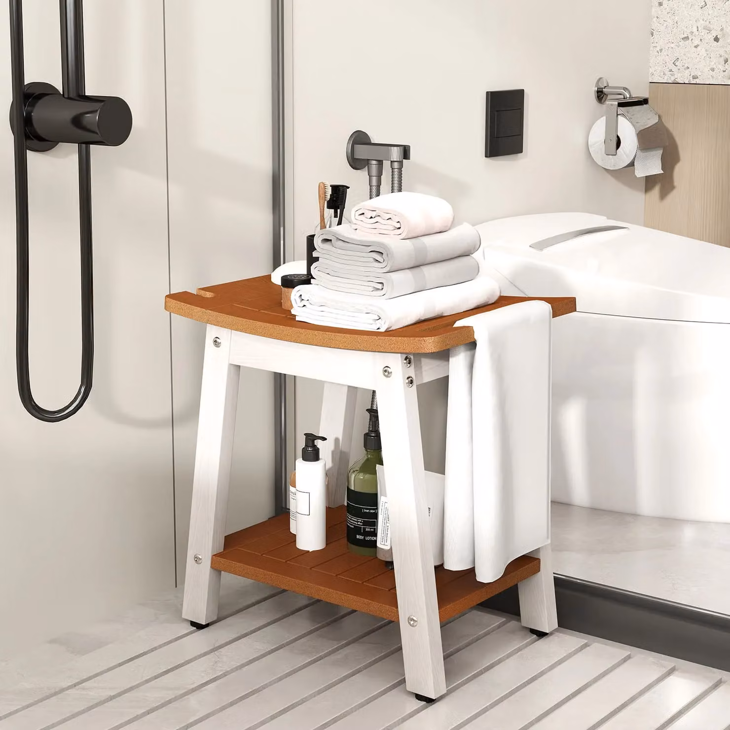 Gymax Brown HIPS Shower Bench Seat with Handle and Drainage Seat – 3