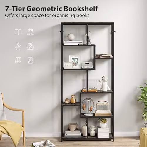 HOMCOM 7-Tier Industrial Geometric Bookshelf, Grey and Black, W: 80.0 cm, D: 30.0 cm, H: 180.0 cm – 3