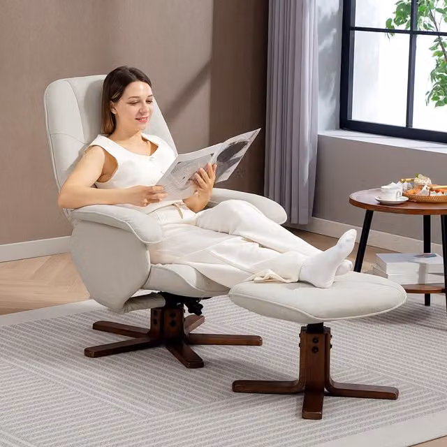 HOMCOM Beige Fabric Swivel Recliner Chair with Ottoman and Solid Wood Frame