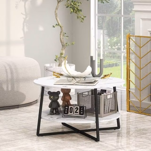 STILVORA Modern Round Two-Tier Coffee Table with White Marble-Effect Glossy Top and Metal X-Frame