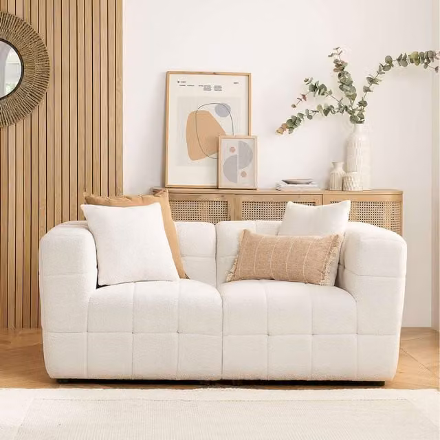 Birlea Cloud Upholstered Bouclé Sofa Settee with Matching Ottoman and Scatter Cushions in White