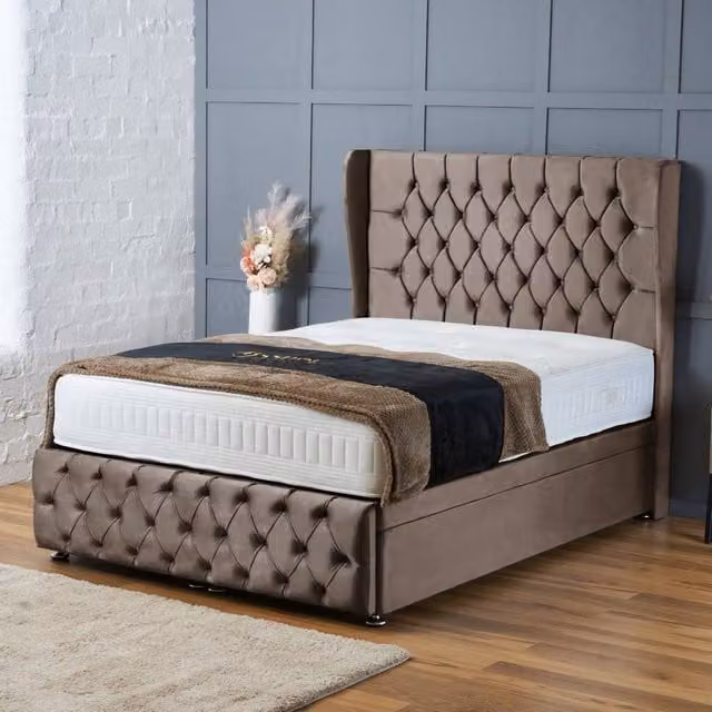 BSSPOKE Bella Ottoman Divan Bed in Beige Plush Velvet with 54 inch Headboard, W/D/H: 140 x 200 cm – 1