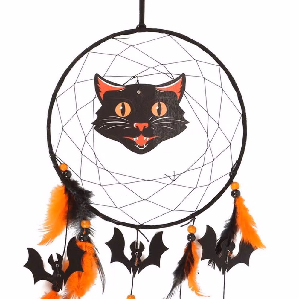 Uniqueful Black Cat Halloween Dreamcatcher in Black, Orange and Multicolour, Diameter: 15 cm – 2