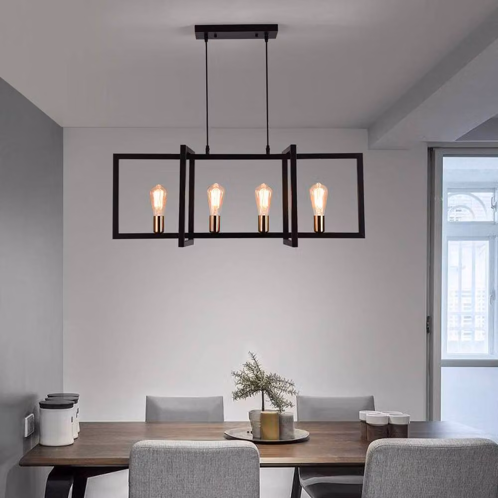 NIVOR Industrial Rectangular Kitchen Island Chandelier, Black Metal 4 x E27 Hanging Pendant Light – 4