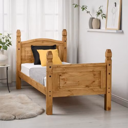 Seconique Corona Single Wooden Bed Frame in Distressed Waxed Pine, Brown/Black, W/D/H: 90 x 190 x 101.5 cm – 1