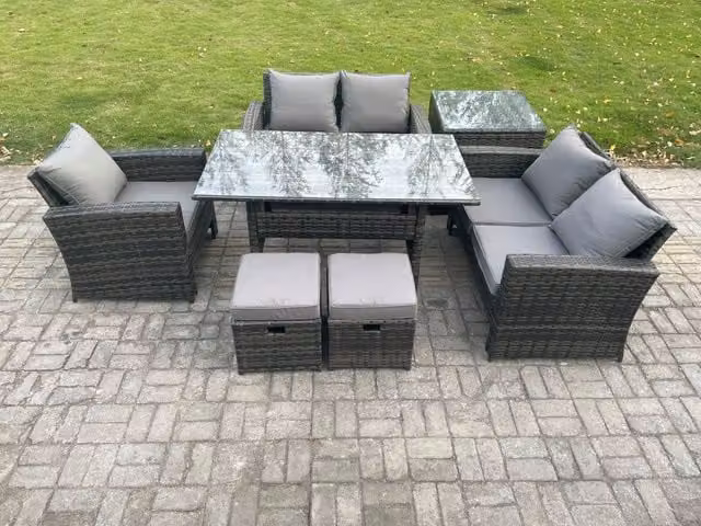Fimous Wicker Rattan Garden Dining Set with Double Sofa, Dining Table, Side Table and 2 Footstools in Dark Grey Mixed