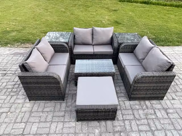 Fimous 7 Seater Grey Rattan Garden Furniture Set with U-Shape Sofa, Coffee Table and Ottoman