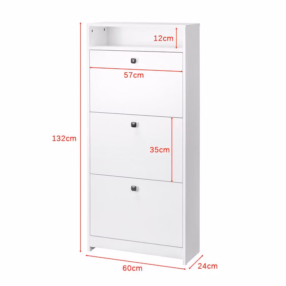 ERGOVEXA White Narrow Shoe Cabinet with 3 Tilting Compartments and Open Shelf – 2