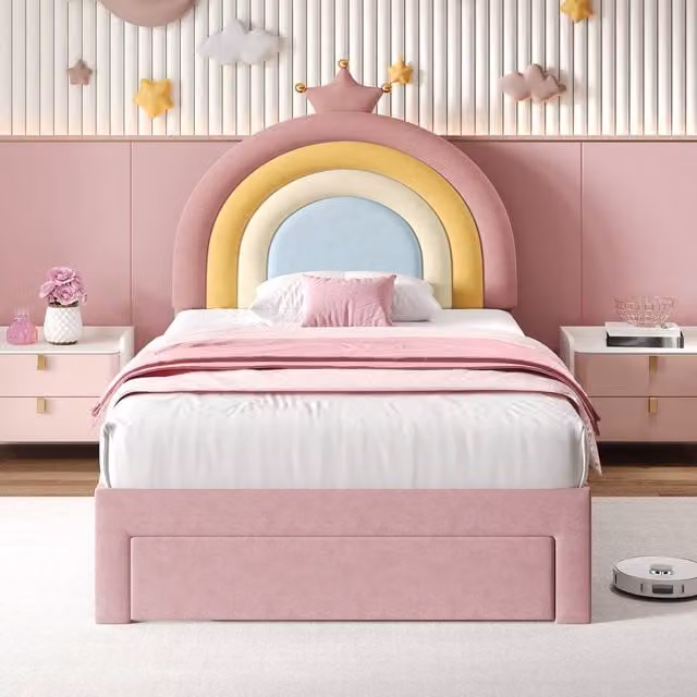 Merax Single Velvet Rainbow Storage Bed with Drawer, Pink and Multicolour, W/D/H: 90 x 190 x 128 cm