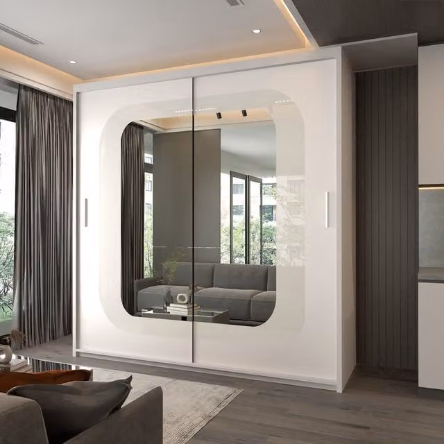 Sliding Wardrobes 4U Modern Double Door Sliding Wardrobe with LED Light, White, W: 150 cm, H: 217 cm – 1