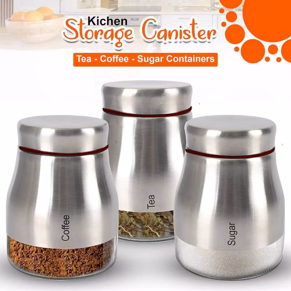 PAWNORA Set of 3 Silver Stainless Steel and Glass Kitchen Storage Canisters – 4