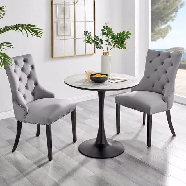 FurnitureboxUK Elina White Marble Effect Round Dining Table and 2 Belgravia Grey Velvet Chairs with Black Legs