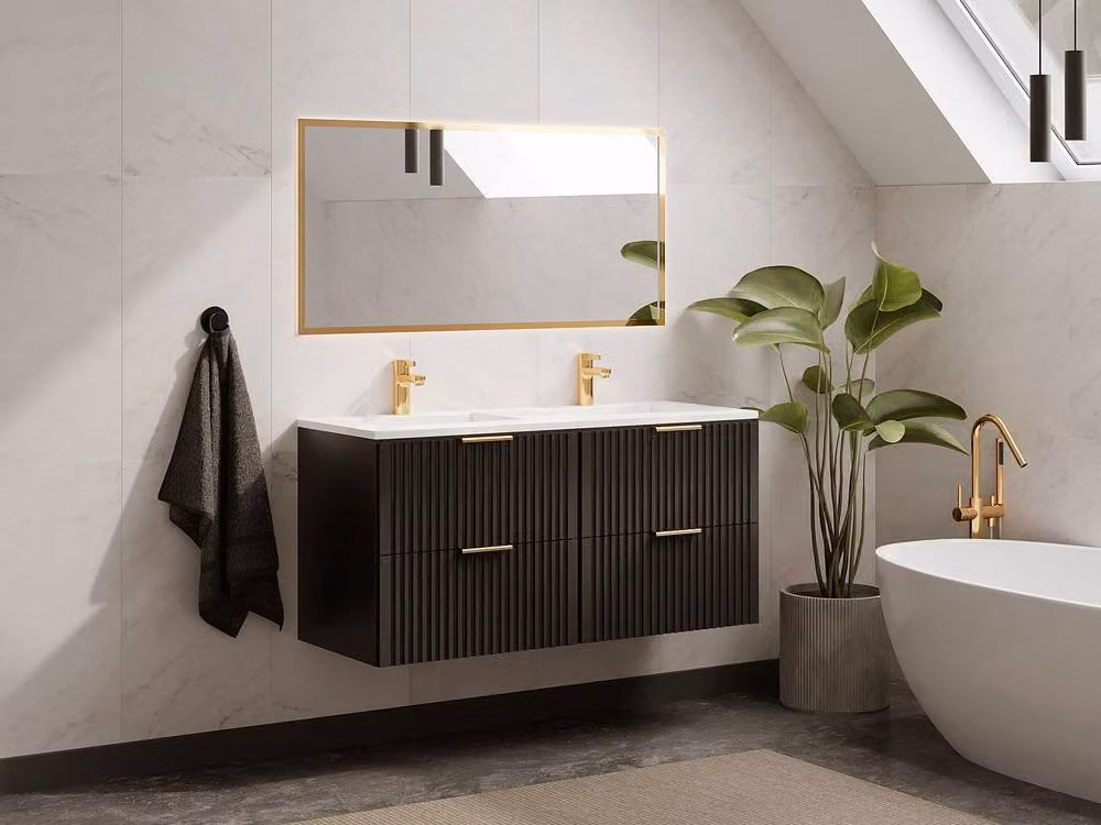 Vente-unique Ribbed Suspended Bathroom Unit with Built-in Washbasin, Black, W: 120 cm, D: 46 cm, H: 57 cm – 2