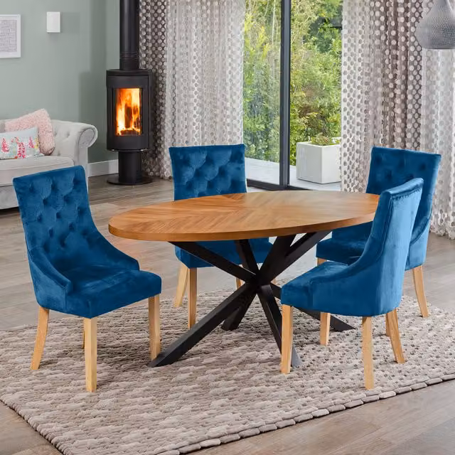 Artemis Home Oval Dining Table and 4 Blue Velvet Chairs Set