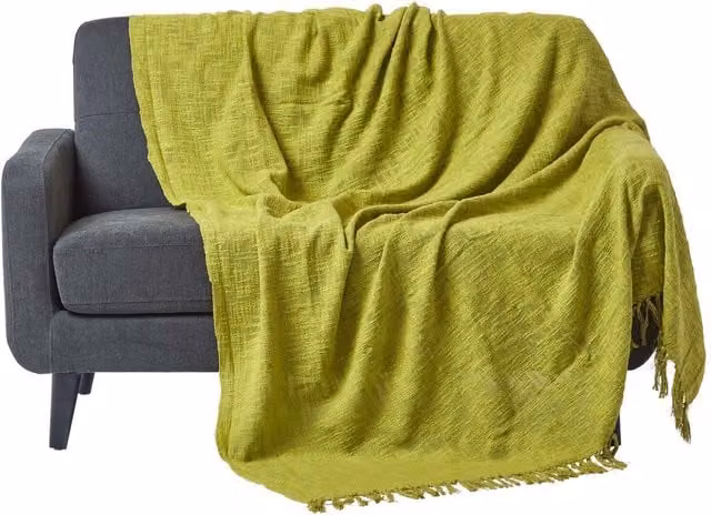 Homescapes Green Woven Cotton Throw with Fringes, Width: 360 cm