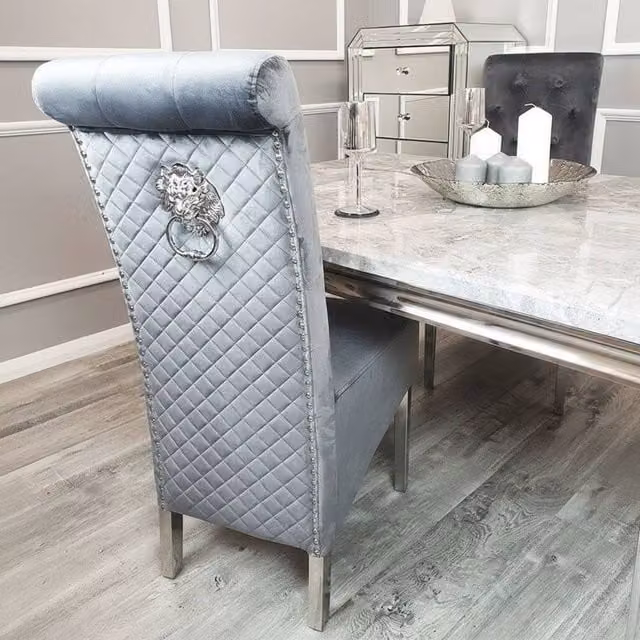 Stratus Interiors Emma Tall Velvet Lion Knocker Dining Chair in Grey