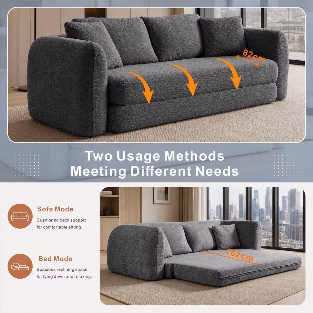 MIMO Grey Pull-Out Loveseat Sofa Bed with Lamb Fleece Fabric and 30D Foam – 5