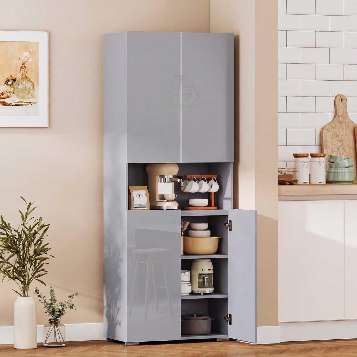 HOMCOM Grey High Gloss Kitchen Cupboard and Pantry Storage Cabinet with Soft Close Doors and Adjustable Shelves, Height: 180 cm – 2