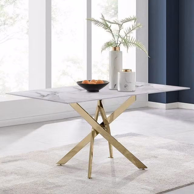 FurnitureboxUK Leonardo 6 Seat Dining Table with White Marble Effect Glass Top and Gold X-Frame Legs