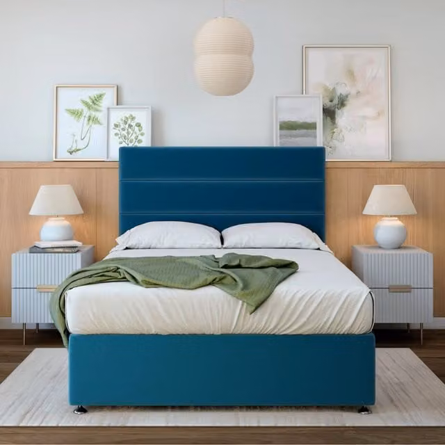 Bedmaster Plush Velvet Upholstered Divan Base with Storage Drawers and Lined Headboard, Marine Blue, 180 cm