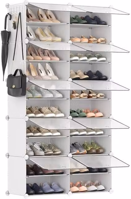 Kelvenix White Plastic and Metal Freestanding Shoe Storage Cabinet with Hinged Glass Doors