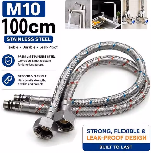 ATEK Pair of Silver Braided Flexible Tap Connectors, 100 cm, M10 x 1/2 BSP