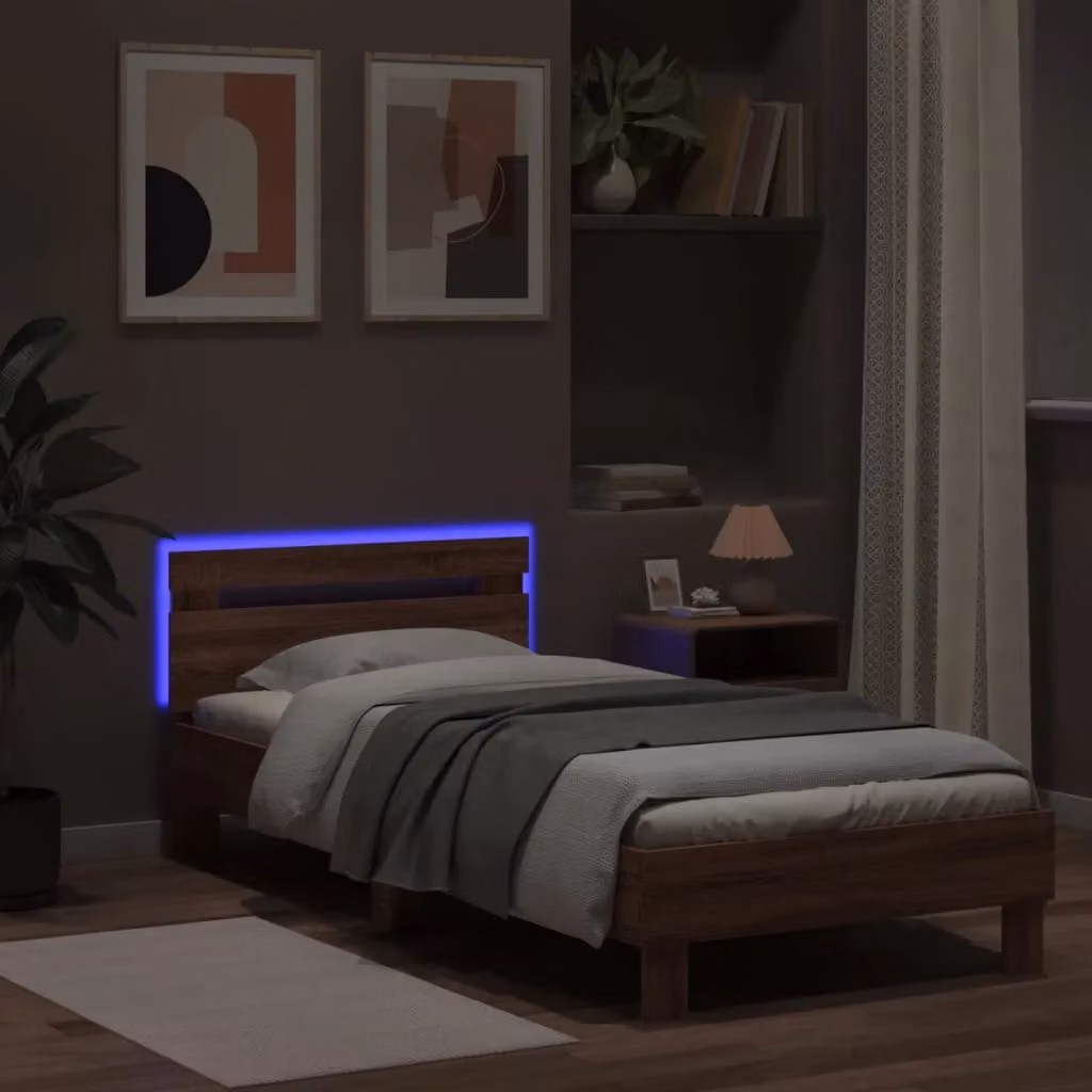 Berkfield Home Single Bed Frame in Brown Oak with LED Under-Bed Lighting and USB Charging Port, W/D/H: 90 x 190 cm – 3