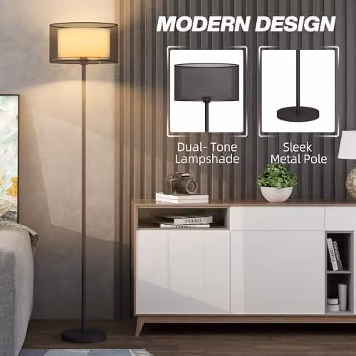 HOMCOM Modern Black Floor Lamp with Double Layer Fabric Shade and Foot Switch, H 152.5 x W 33 x D 33 cm – 3
