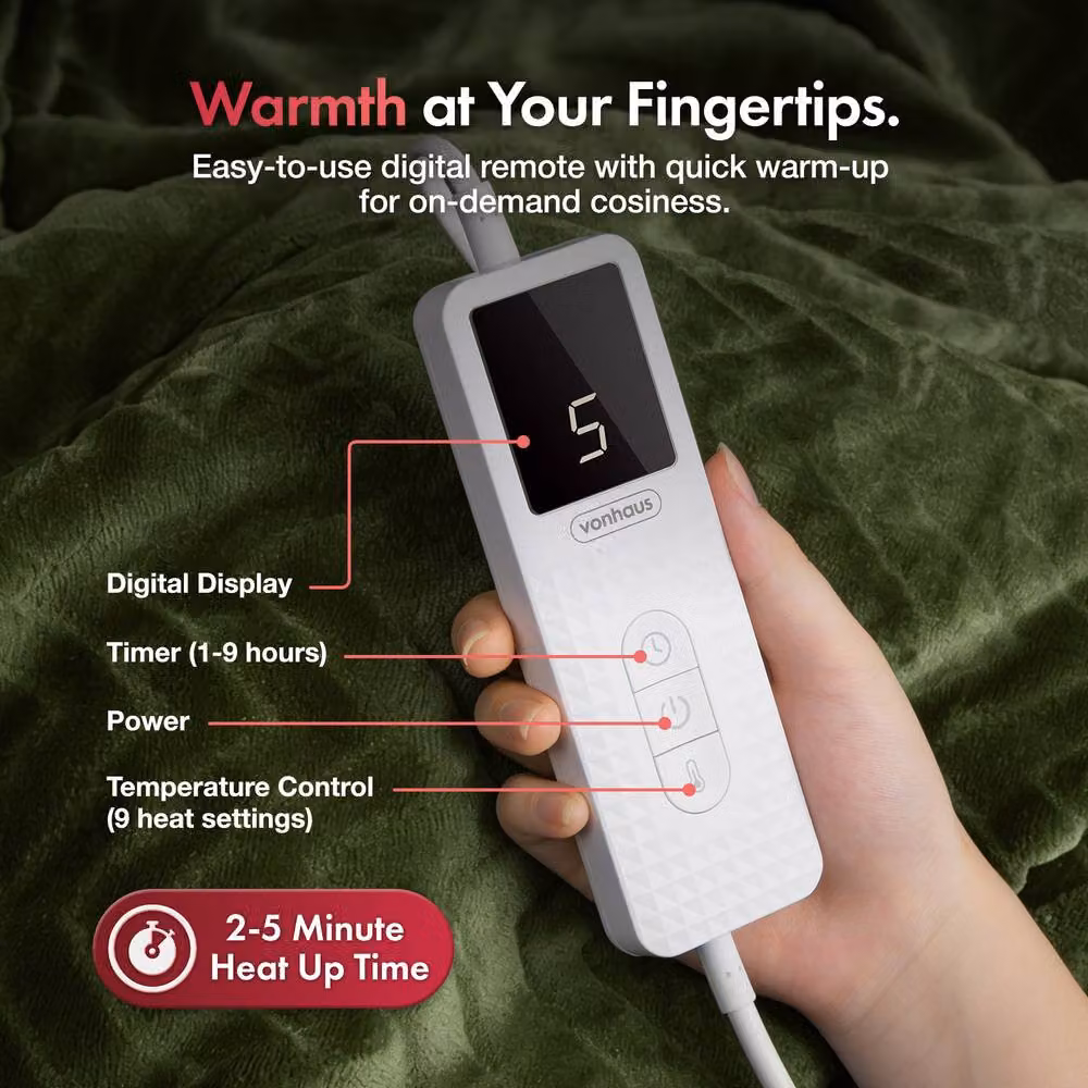 VonHaus Dark Olive Heated Throw Blanket with Remote Control and Auto Shut-off – 3