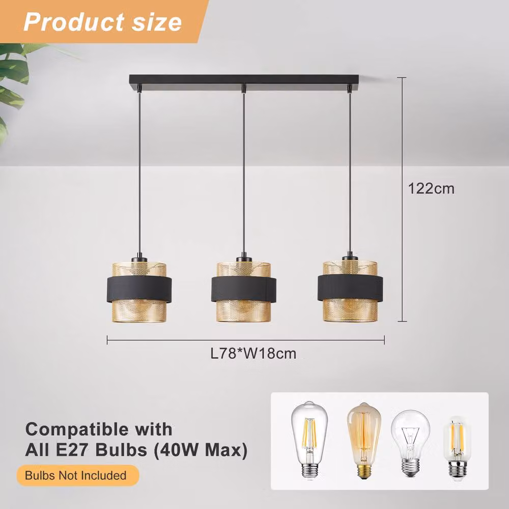 Harper Living 3-Light Modern Suspended Pendant Light in Black Fabric and Gold Metal – 6