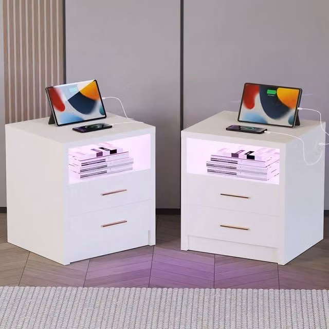 FORGEVIO Modern White 2-Drawer Bedside Table with Integrated Lighting and USB Charging Port – 1