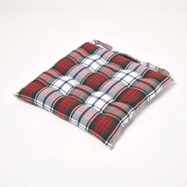 Homescapes Red and Multicolour Cotton Square Seat Pad with Ties and Cords