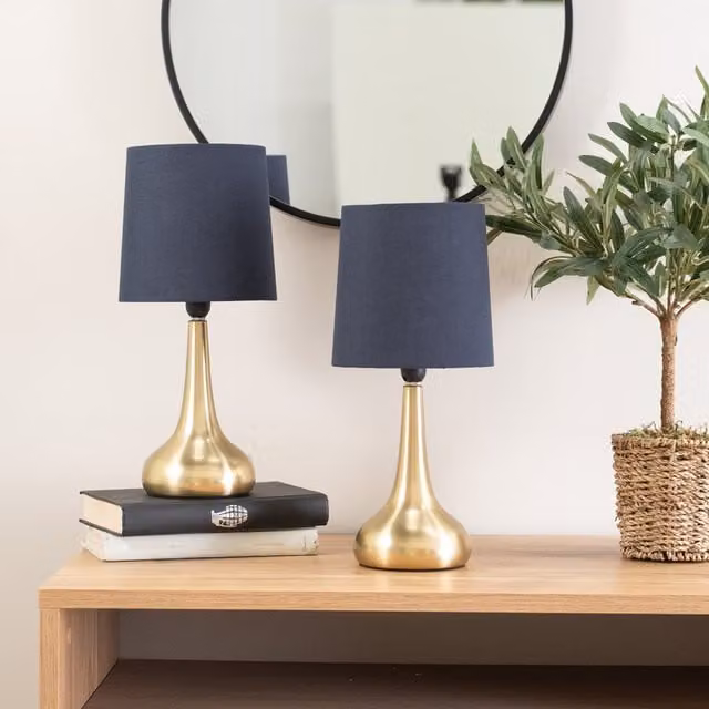 ValueLights Teardrop Pair of Gold Touch Table Lamps with Blue Fabric Shades