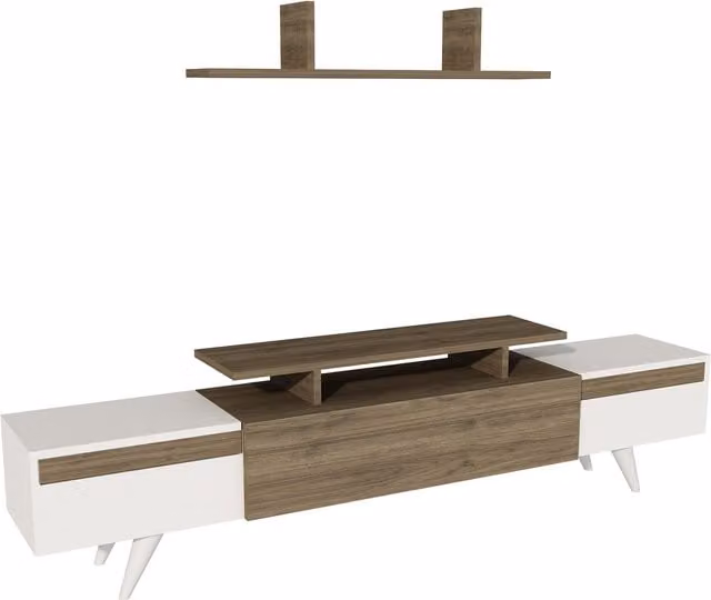 Destina Home Mid-Century TV Stand and Entertainment Center with Cabinets in White and Walnut