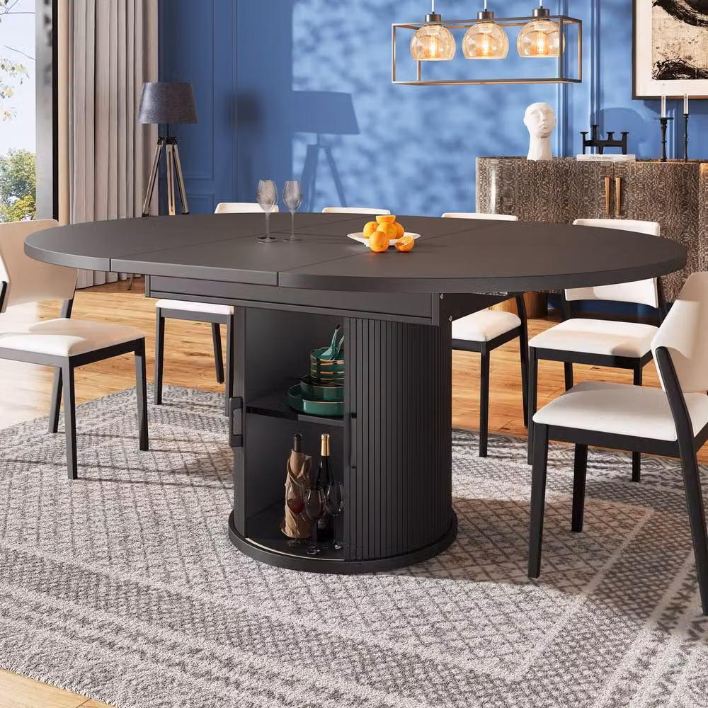 Rolipo Extendable Round to Oval 6 Seater Dining Table in Walnut and Black, W/D/H: 118 x 118 x 76.8 cm – 6