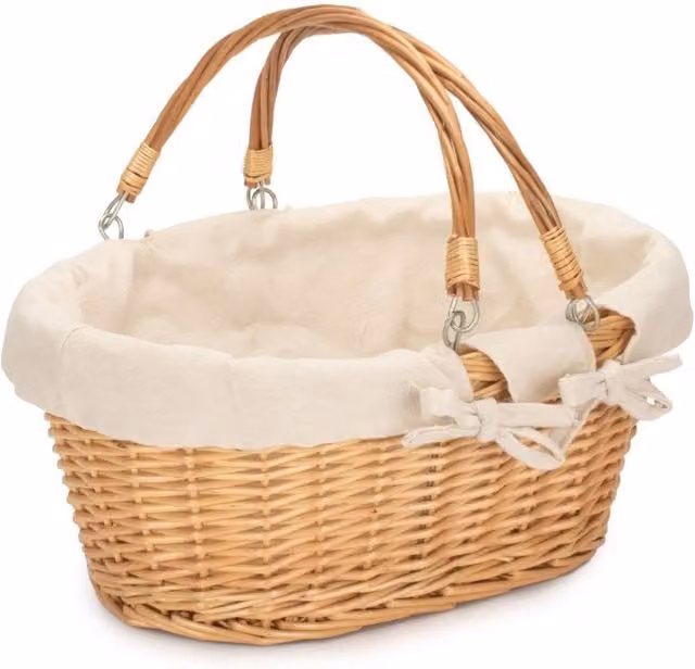Red Wicker Hamper Shopping Basket with White Lining and Swing Handles in Brown