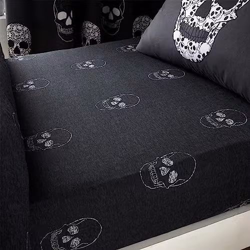 Catherine Lansfield Skulls Halloween Single Fitted Sheet, Grey, W/D/H: 90 x 190 cm – 1