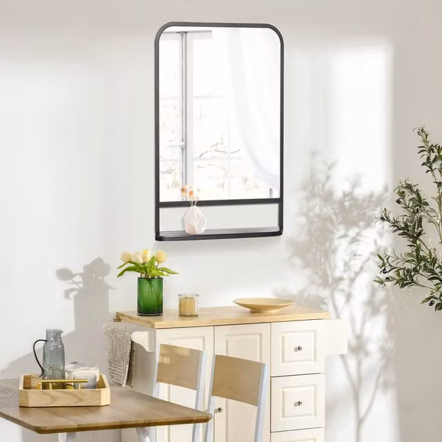HOMCOM Modern Square Wall Mirror with Storage Shelf, Black, Width: 53.3 cm