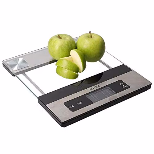 Taylor Digital Kitchen Food Scales with Glass Platform and Tare Function, Silver and Transparent, 5 kg Capacity