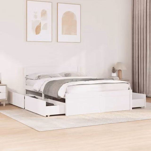 Berkfield Home Modern White Solid Wood Pine Bed Frame with Drawers W/D/H: 140 x 190 cm