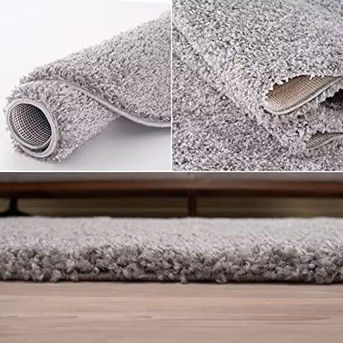 THE RUGS Grey Plain Soft High Pile Shaggy Round Rug, Diameter: 120 cm – 3