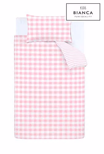 Bianca Pink and White Check and Stripe Reversible Cotton Double Duvet Cover Set with Pillowcases, W/D/H: 140 x 200 cm – 2