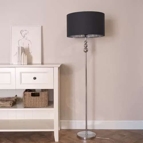 ValueLights Marissa Chrome Floor Lamp with Black and Chrome Inner Shade and Warm White Bulb – 2