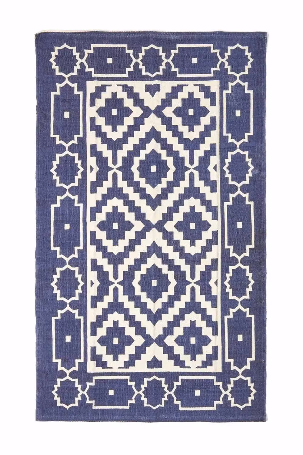 Homescapes Halmstad Geometric Printed Cotton Rug in Blue and White, W: 120 cm, L: 170 cm – 2