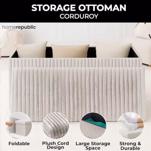 Home Republic Corduroy Ottoman Storage Box in Beige, W/D/H: 76 x 38 x 76 cm – 3