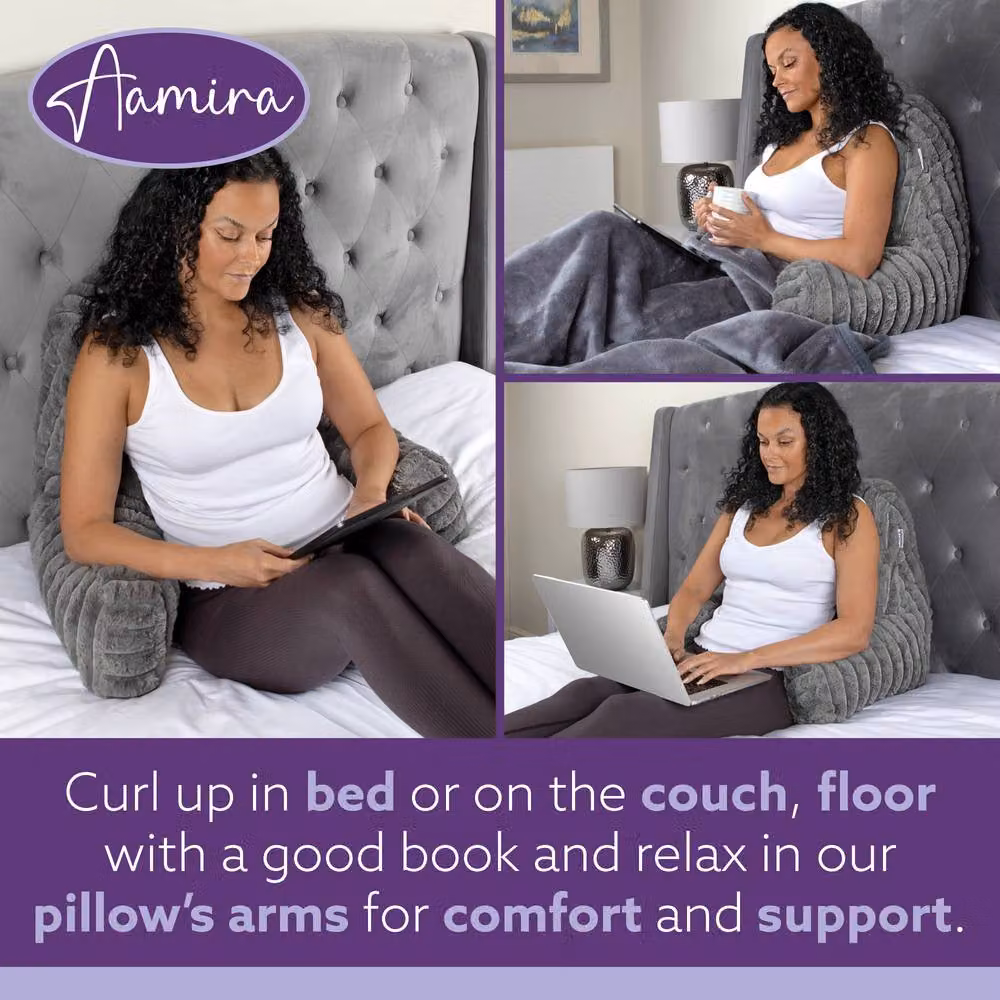 Aamira Grey Faux Fur Ribbed Memory Foam Contoured Wedge Reading Pillow – 3