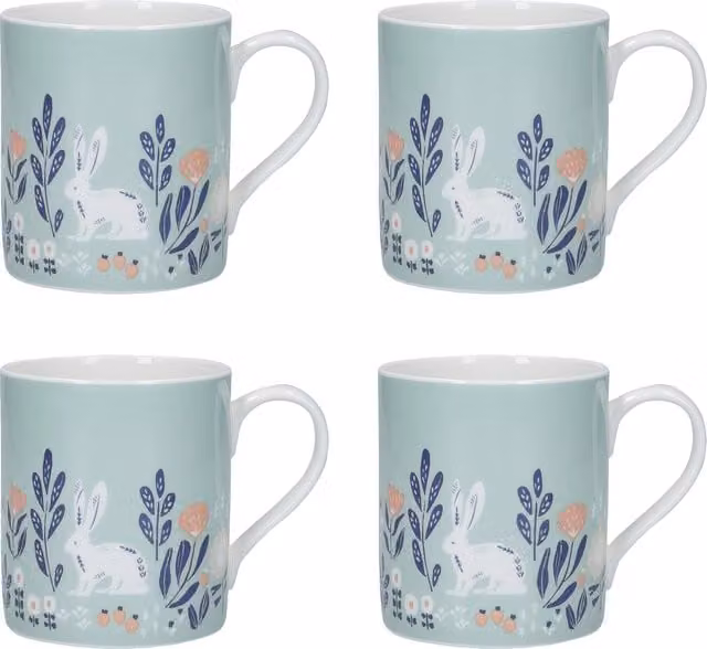 KitchenCraft 4-Piece Woodcut Rabbit Ceramic Mug Set in White