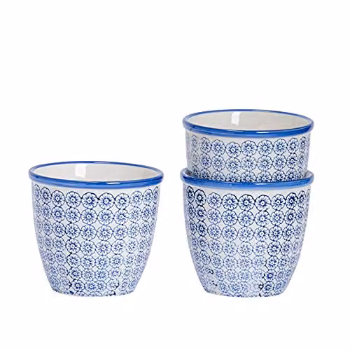 Nicola Spring Floral Ceramic Tabletop Plant Pots, Blue and Orange, Pack of 3, W/D/H: 14 x 14 x 12.5 cm