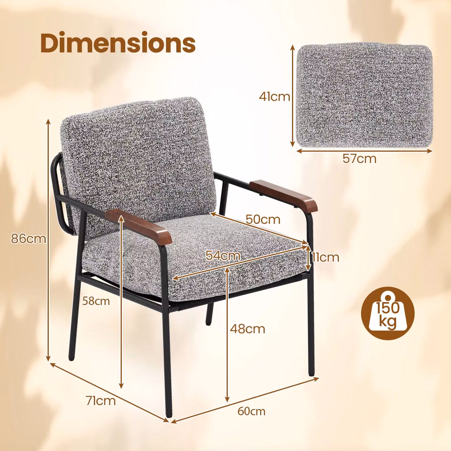 Costway Modern Grey Fabric Accent Chair with Armrests and Metal Frame – 2